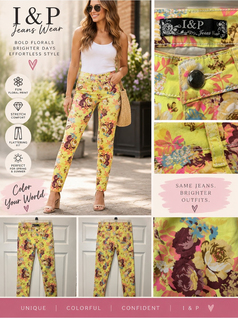 I&P Floral Skinny Jeans Yellow Colorful Y2K Dopamine Pants Women’s Size 0